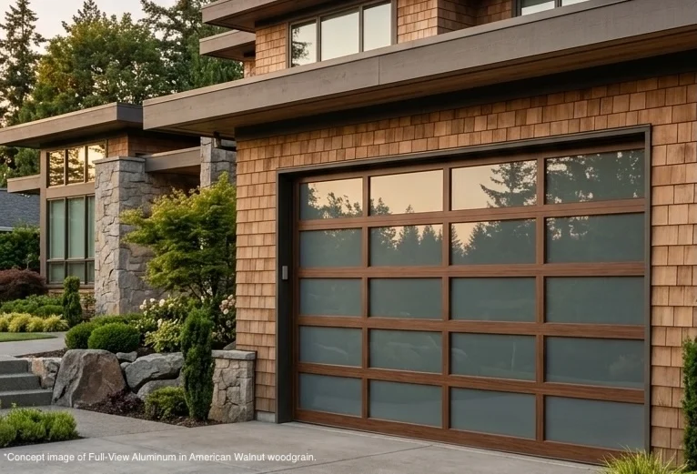CHI full-view aluminum garage door on a shingle home